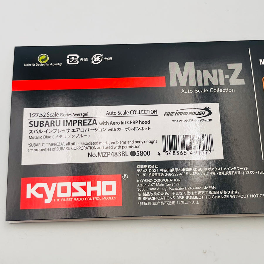 Kyosho Mini-z Body SUBARU IMPREZA with Aero kit CFRP hood Metallic Blue MZP483BL
