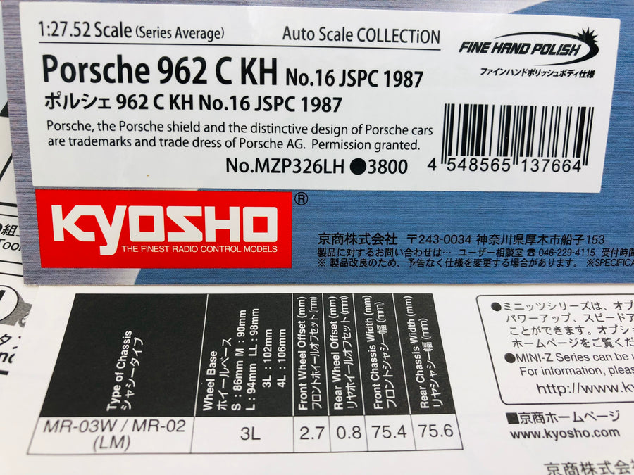 Kyosho Mini-z Body ASC Porsche 962 C KH No.16 JSPC 1987 MZP326LH